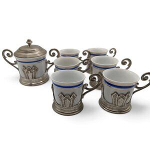 Rare Vintage E P Zinc Italy 6  Espresso Cups and Sugar Bowl from ITALY